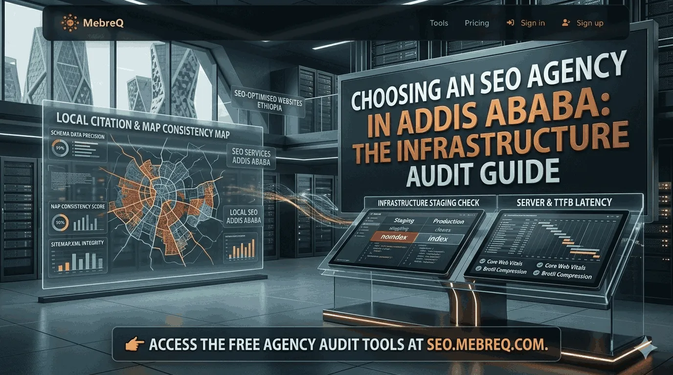 Infographic for MebreQ titled 'Choosing an SEO Agency in Addis Ababa: The Infrastructure Audit Guide,' featuring data visualizations for local SEO metrics and server latency, with a call to access free tools at seo.mebreq.com.